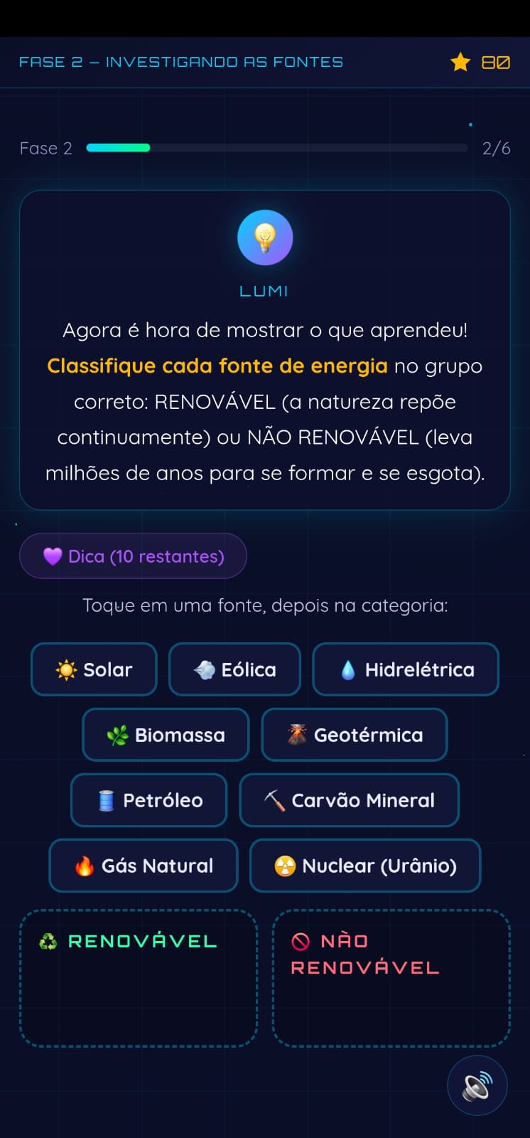 Fase 2 do Energópolis: o aluno classifica 9 fontes de energia — solar, eólica, hidrelétrica, biomassa, geotérmica, petróleo, carvão mineral, gás natural e nuclear — em renovável ou não renovável