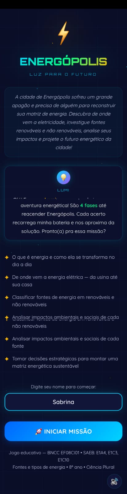 Tela inicial do jogo Energópolis mostrando o título, a narrativa do grande apagão, a personagem Lumi, os objetivos de aprendizagem e o campo para digitar o nome do aluno