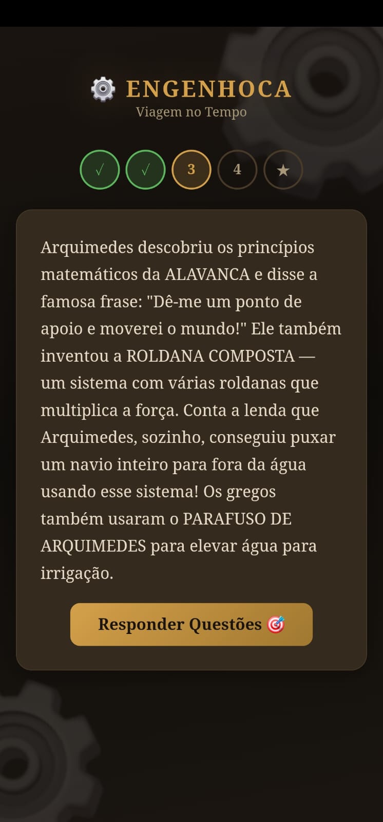 Fase 3 do Engenhoca: conteúdo histórico sobre Arquimedes, a alavanca, a roldana composta e o parafuso de irrigação