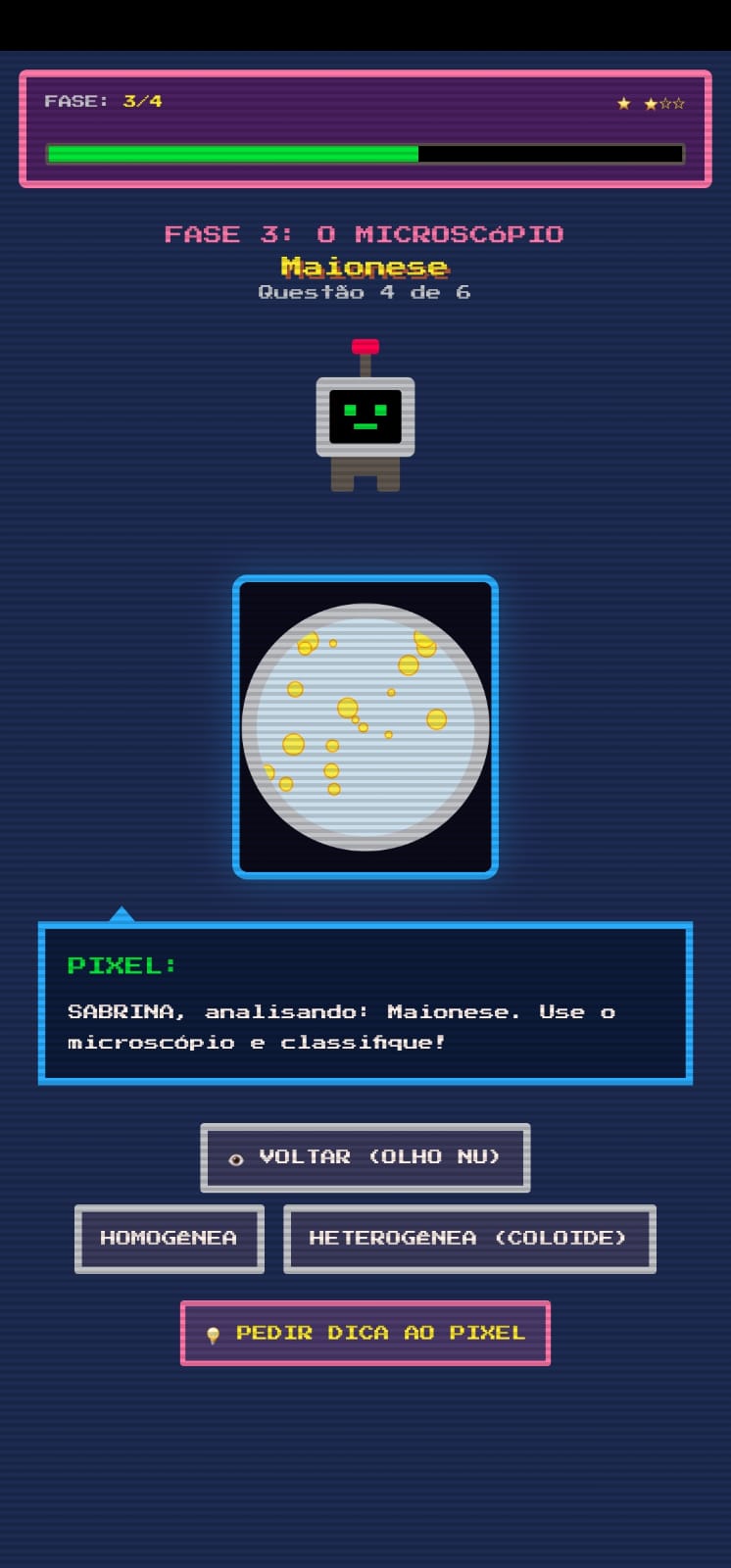 Fase 3 do Laboratório Pixel: mesma maionese vista no microscópio digital, revelando partículas suspensas que caracterizam um coloide