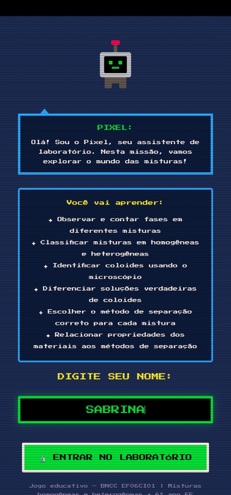 Tela inicial do jogo Laboratório Pixel mostrando o robô Pixel, os objetivos de aprendizagem e o campo para digitar o nome do aluno