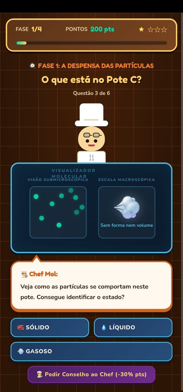 Fase 1 do Pixel Chef: visualizador molecular mostrando partículas dispersas e afastadas (visão submicroscópica) e uma nuvem sem forma nem volume (escala macroscópica) — estado gasoso