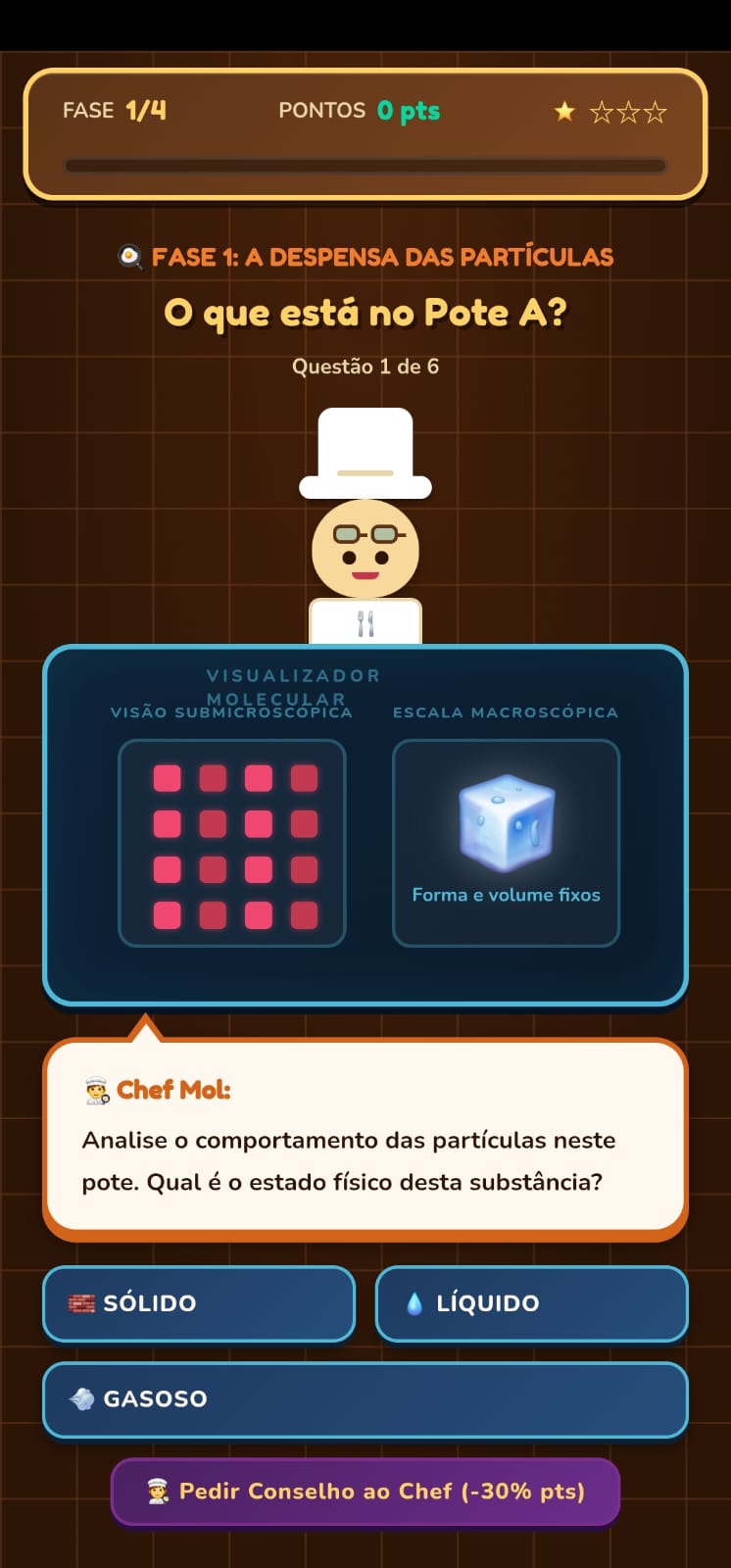 Fase 1 do Pixel Chef: visualizador molecular mostrando partículas organizadas em grade (visão submicroscópica) e um cubo de gelo com forma e volume fixos (escala macroscópica) — estado sólido