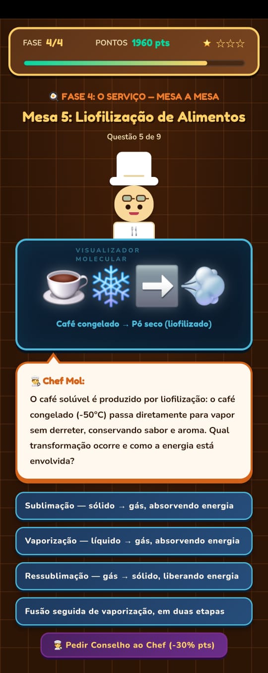 Fase 4 do Pixel Chef: Mesa 5 — Liofilização de Alimentos, mostrando o café congelado sendo transformado em pó seco, com o Chef Mol perguntando qual transformação ocorre e como a energia está envolvida