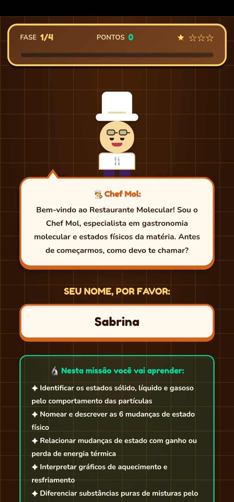 Tela inicial do jogo Pixel Chef mostrando o Chef Mol, a mensagem de boas-vindas ao Restaurante Molecular, o campo para digitar o nome do aluno e os objetivos de aprendizagem sobre estados físicos da matéria